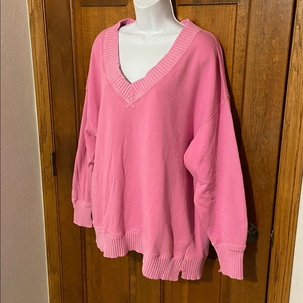 Aerie Oversized Slouchy V Neck Pullover Tunic Drop Shoulder Distress Hem Medium - Picture 3 of 11